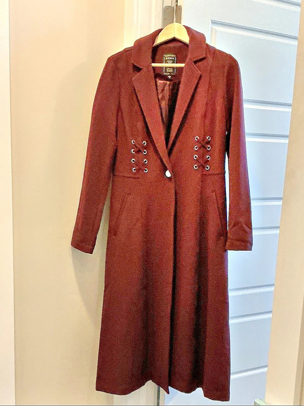Guess Lace-Up Long Coat in Purple Size Medium